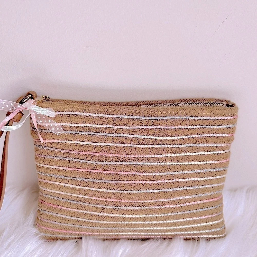 Woven Rattan Clutch Purse/Jewelry Bag with Pink and Blue Ribbon **Like New**